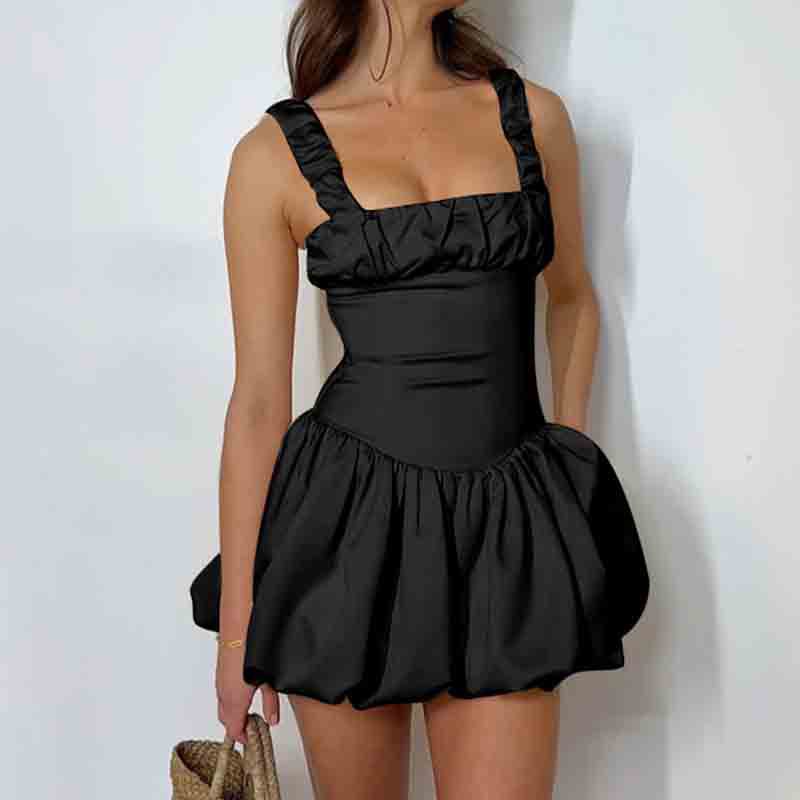 Bia - Vestido corto voluminoso para mujer con escote cuadrado y detalles de volantes