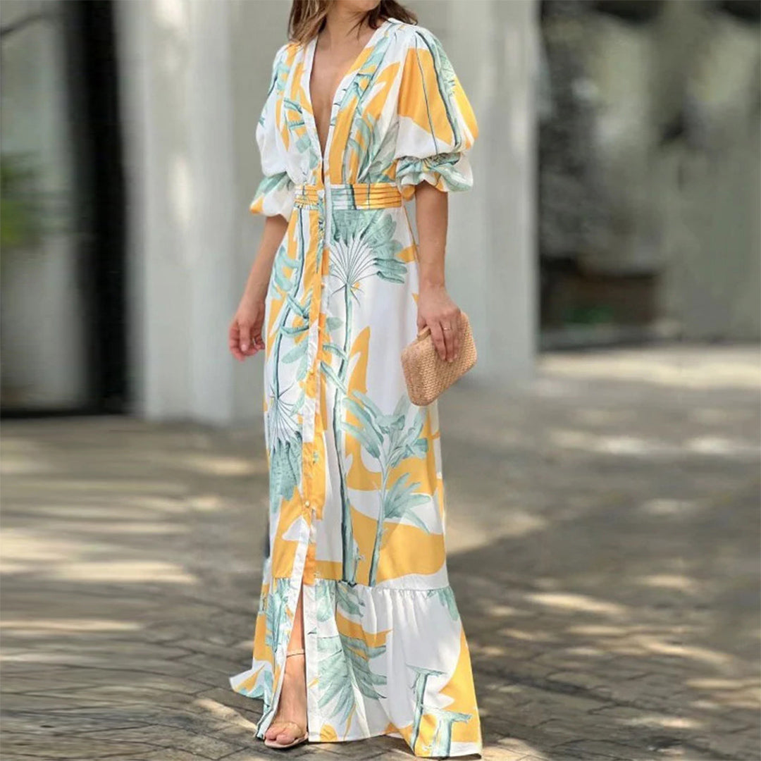 Emily - Puffärmel und Maxikleid mit Druck in der Taille