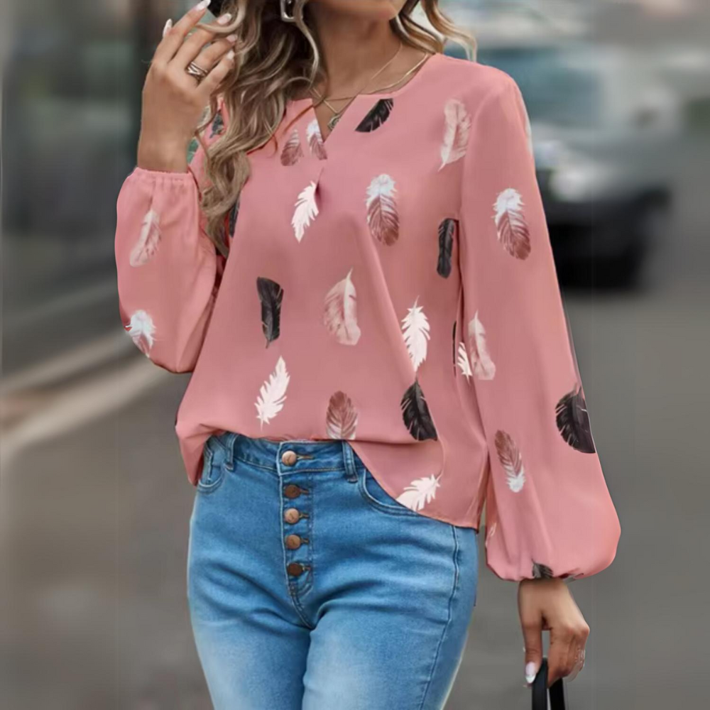 Kelly - Camisa elegante con estampado de hojas y escote en V