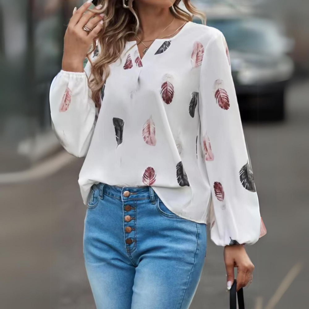Kelly - Camisa elegante con estampado de hojas y escote en V