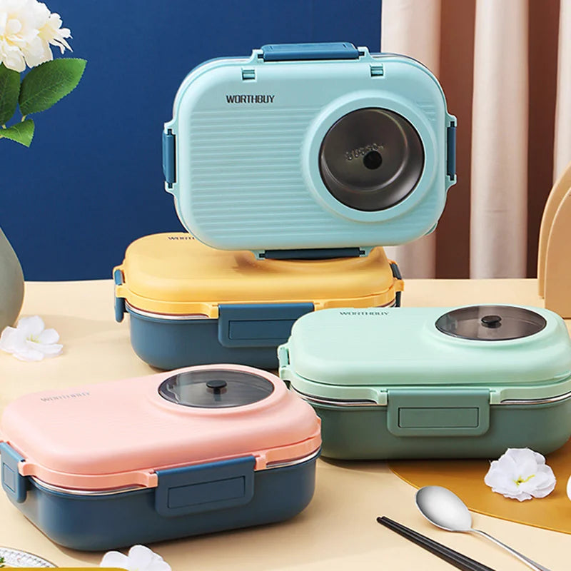 Caja de almuerzo de acero inoxidable con aislamiento de 3 rejillas y recipiente a prueba de fugas