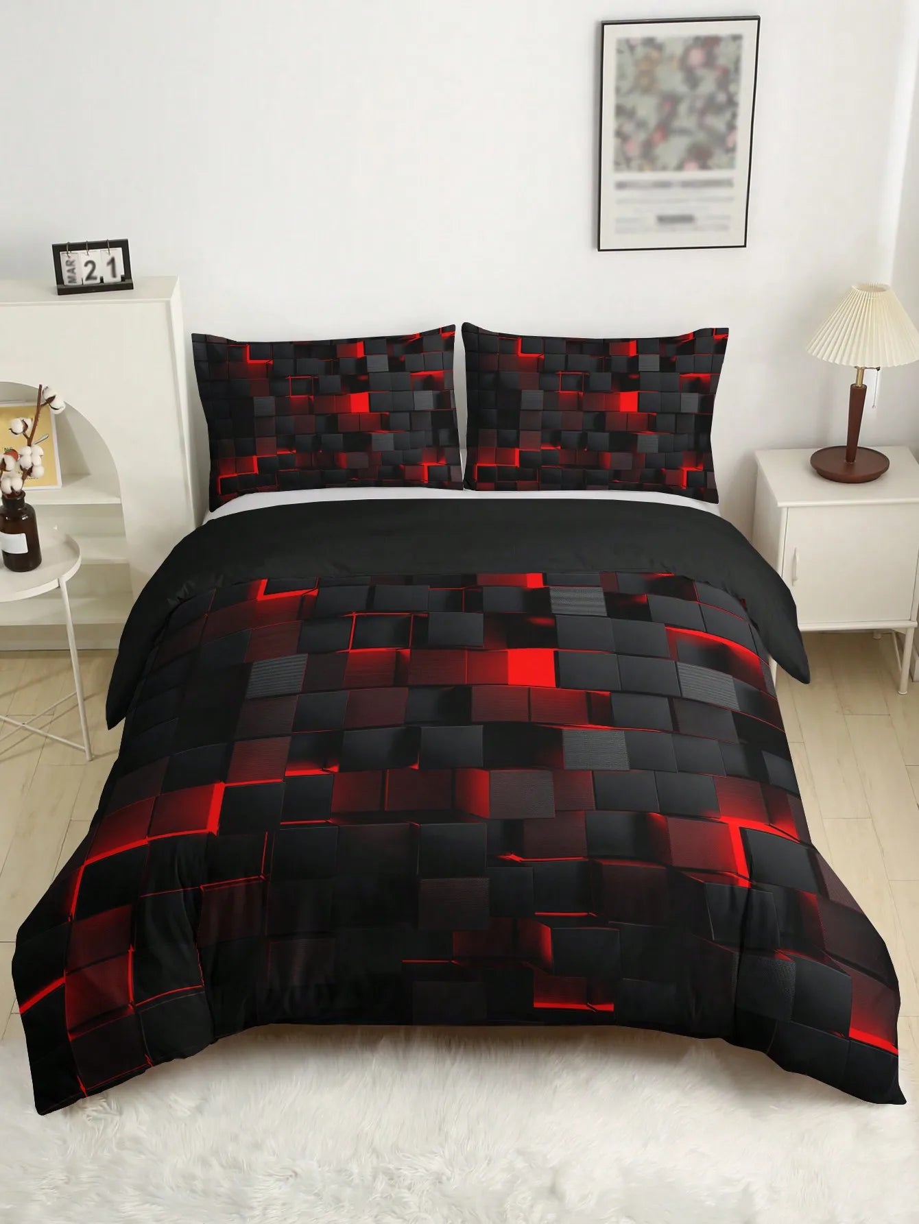 GridLuxe - juego de ropa de cama moderno con rejilla roja dinámica