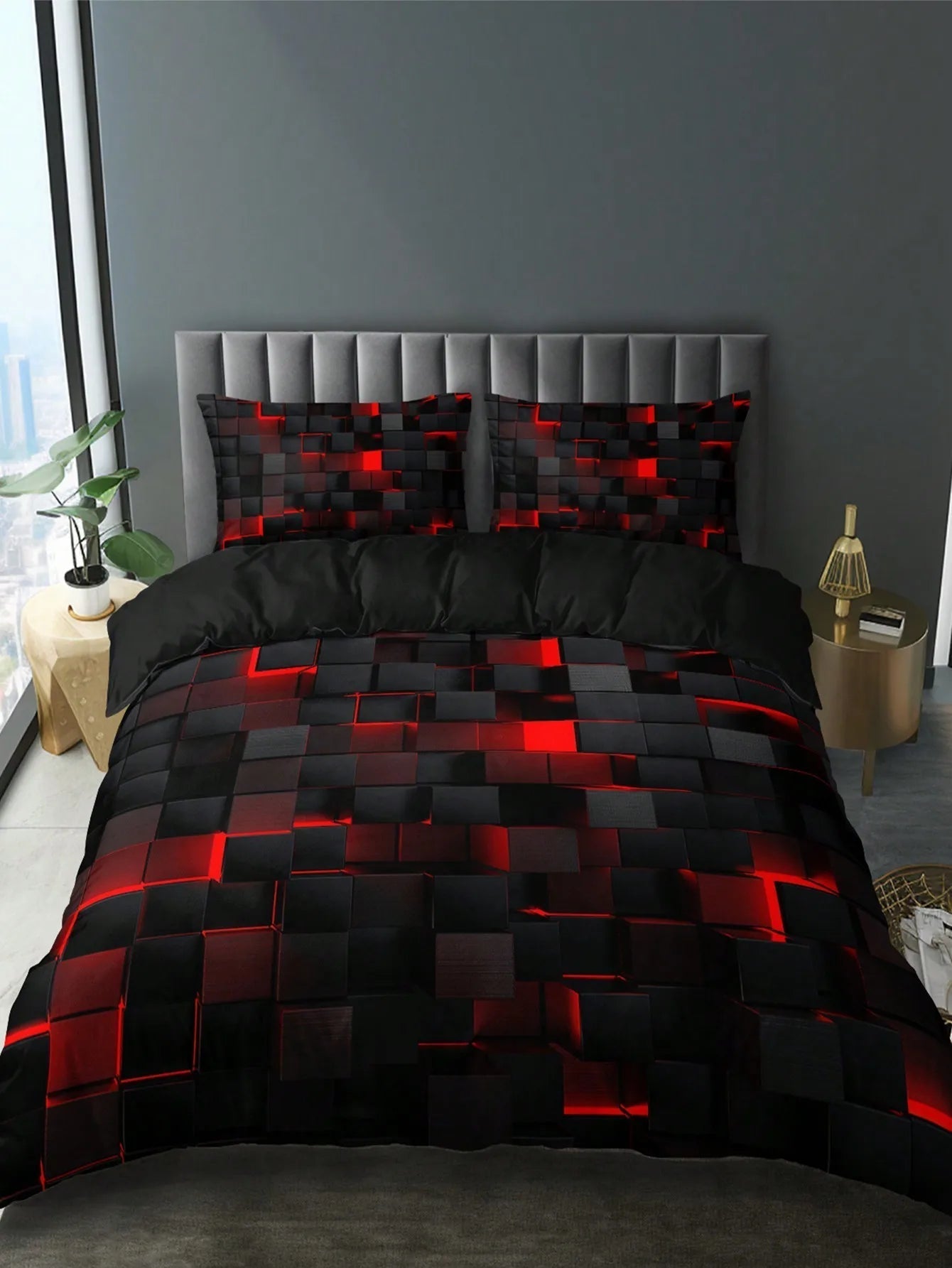 GridLuxe - juego de ropa de cama moderno con rejilla roja dinámica