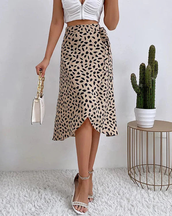 Vibeke - Moderne bedruckter A-Linien-Rock mit seitlichem Bindeband und hoher Taille