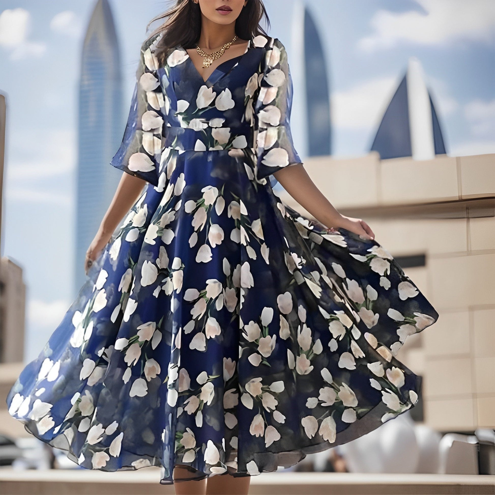 Merete - Plissiertes Blumenmuster Midikleid