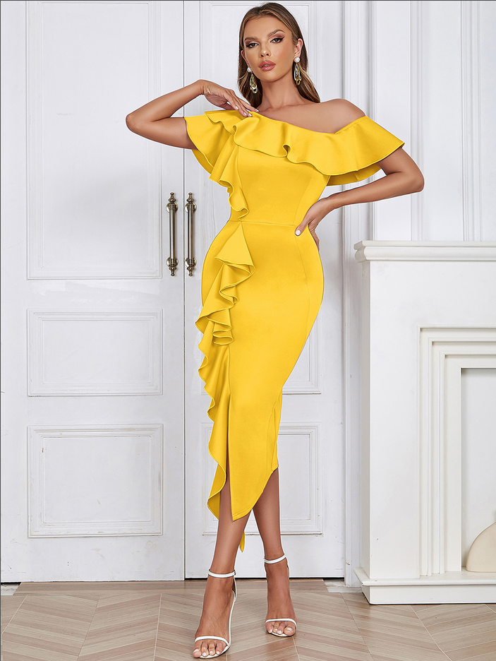 Sabine - Asymmetrisches Bodycon-Kleid mit Rüschensaum und Midikleid