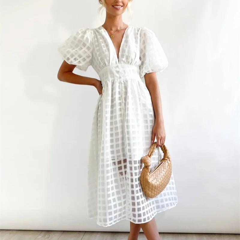 Solvej - Vintage-Midikleid mit Puffärmeln