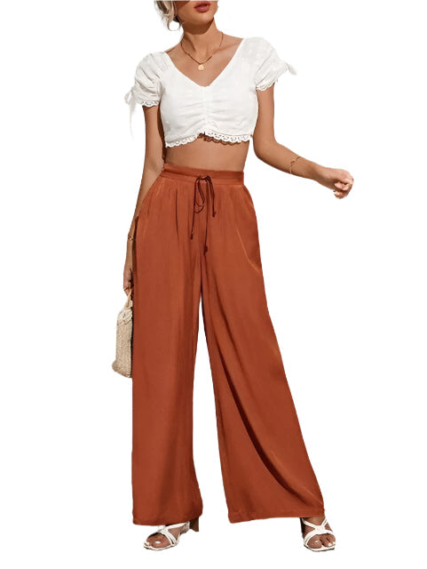 Caroline – Højtaljede bukser med vide ben og snørebånd