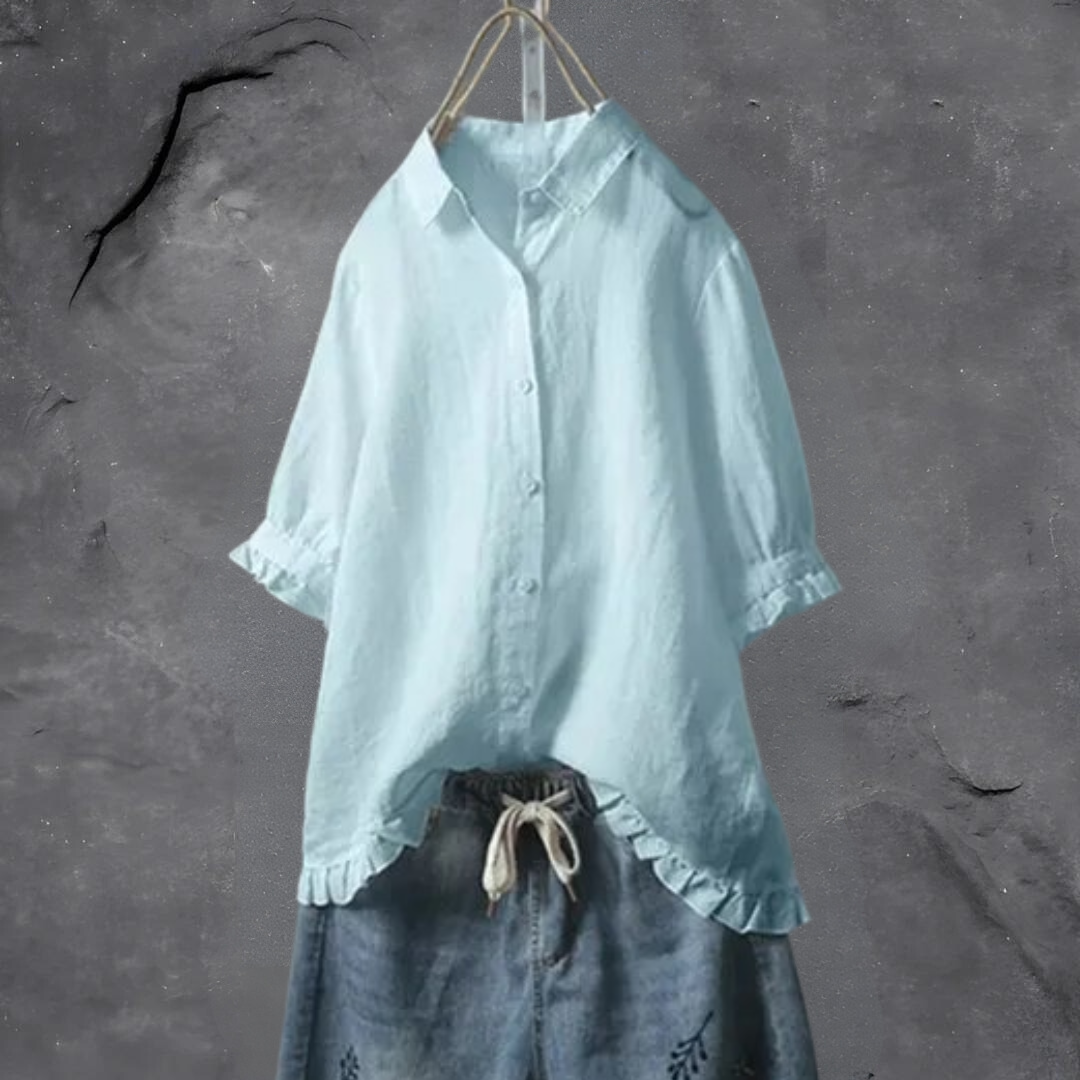 Kate - Elegante top con escote alto y volantes con cierre de botones