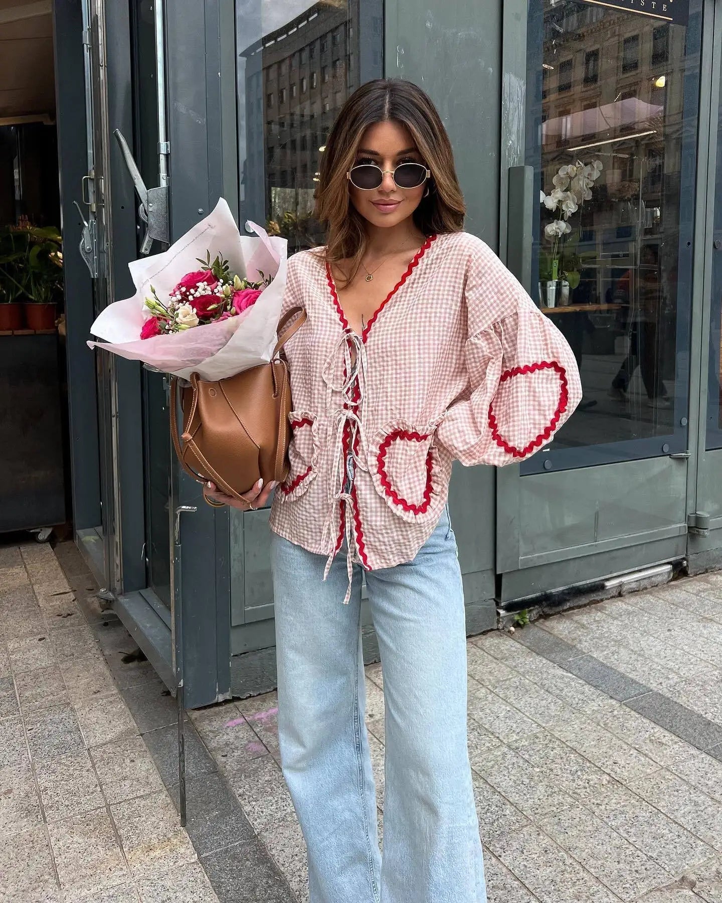 Marga - Blusa suelta con bolsillos en forma de corazón para mujeres