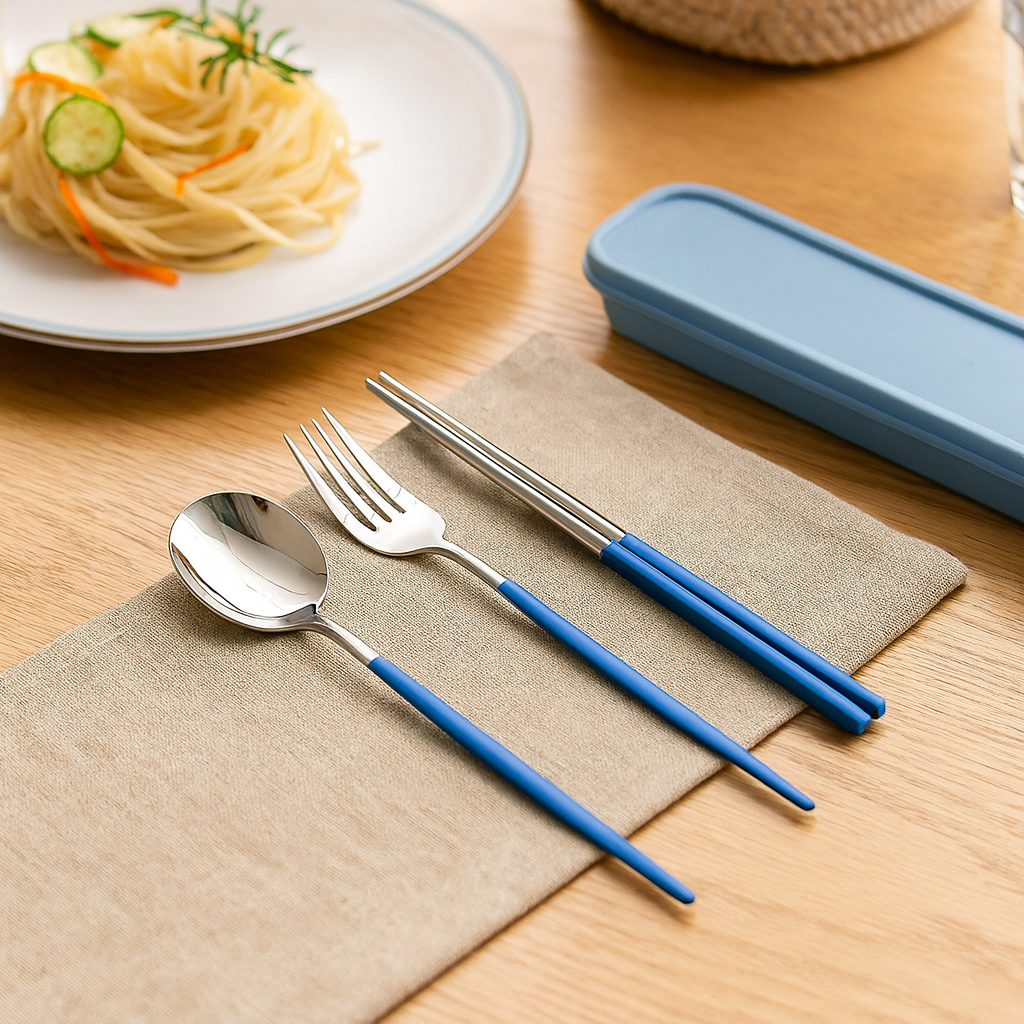 Zeyora | Juego de cubiertos de viaje de 4 piezas y palillos de acero inoxidable con soporte