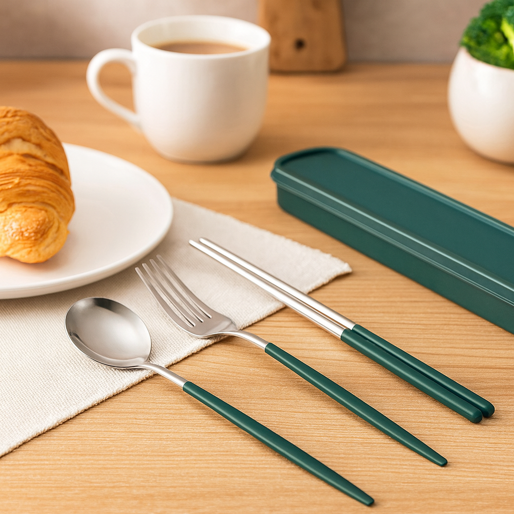 Zeyora | Juego de cubiertos de viaje de 4 piezas y palillos de acero inoxidable con soporte