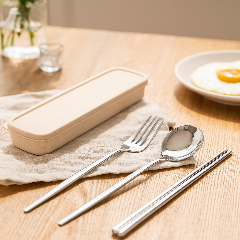 Zeyora | Juego de cubiertos de viaje de 4 piezas y palillos de acero inoxidable con soporte