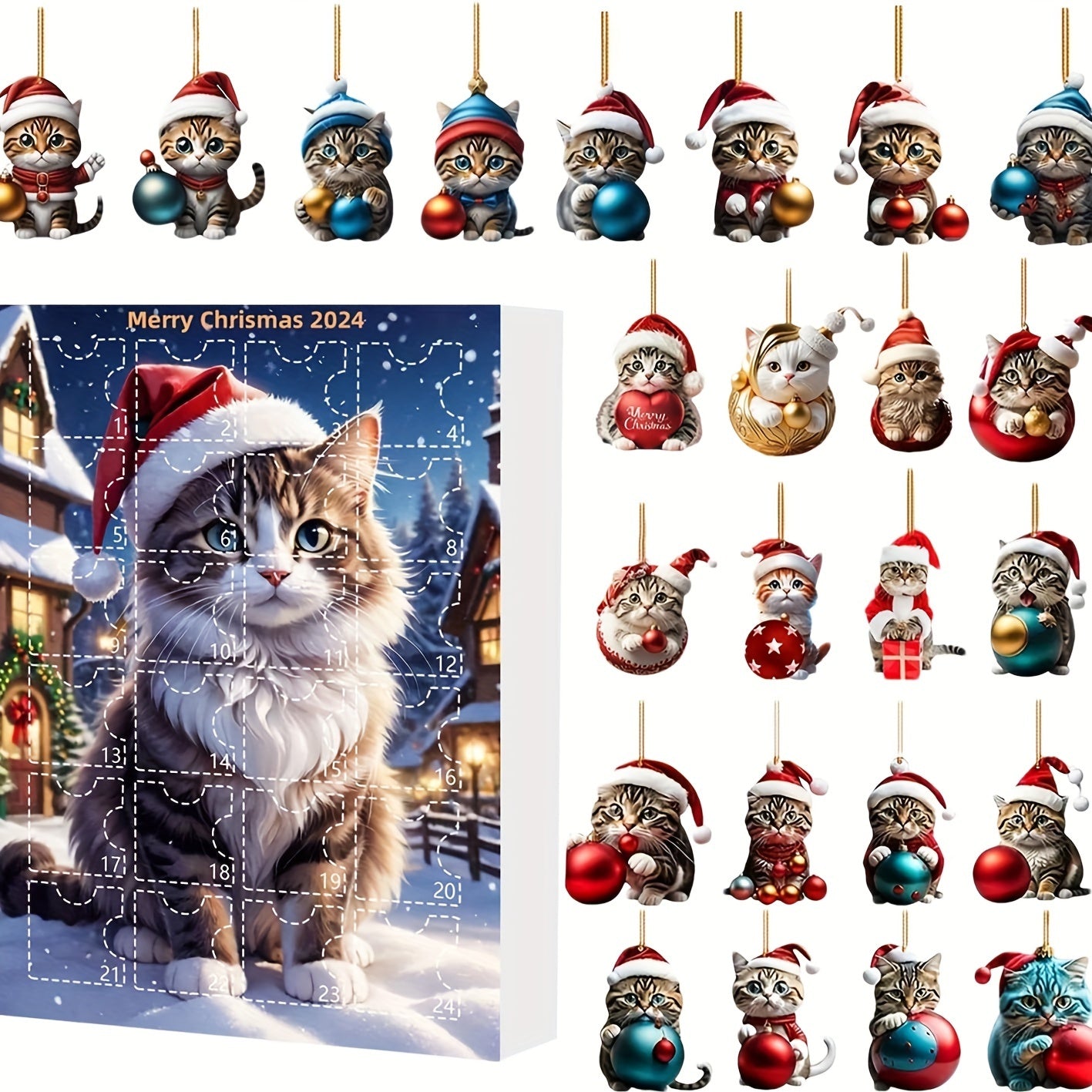 Vintage-Adventskalender mit Acryl-Katzenanhängern 2025, 24-tägiger Weihnachtscountdown für Katzenliebhaber