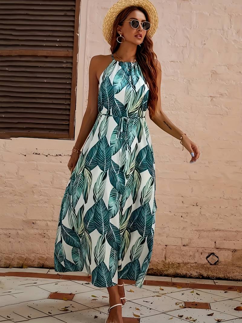 Esther - Neckholder Strandkleid mit Blattdruck