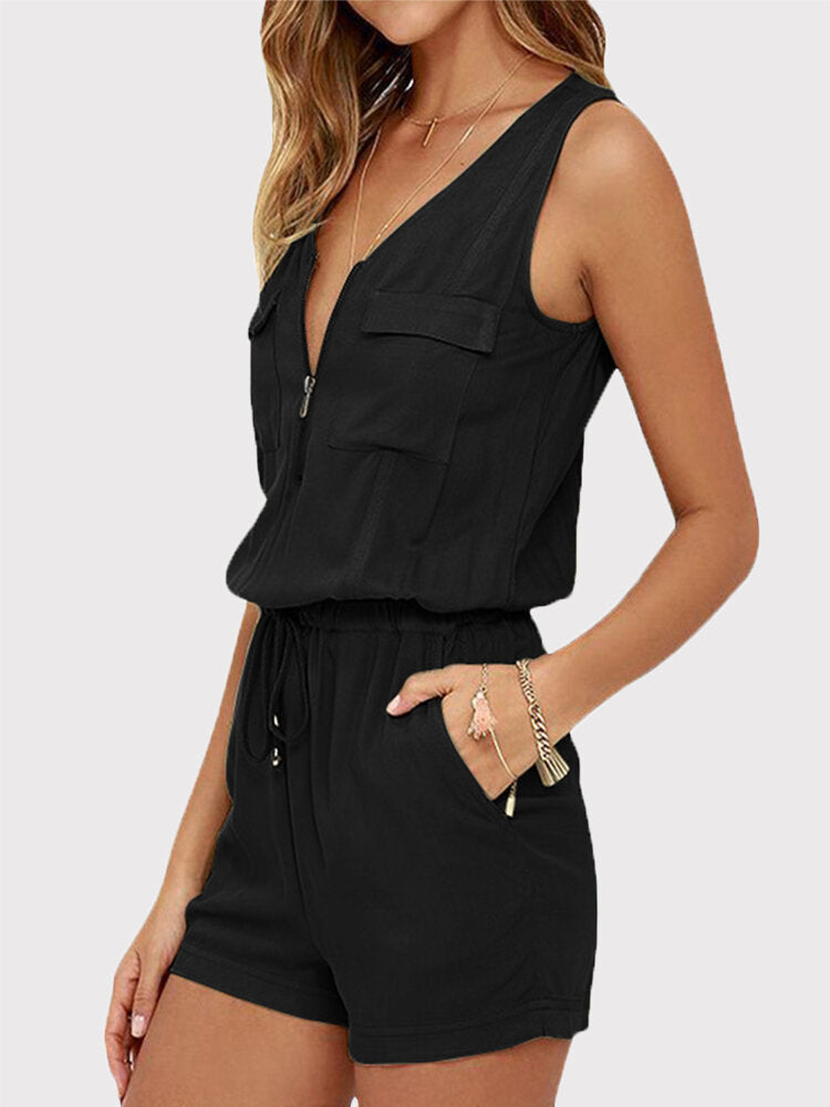 Rhian - Lässiges V-Ausschnitt ärmelloses Set mit Frontreißverschluss und elastischer Taille für draußen