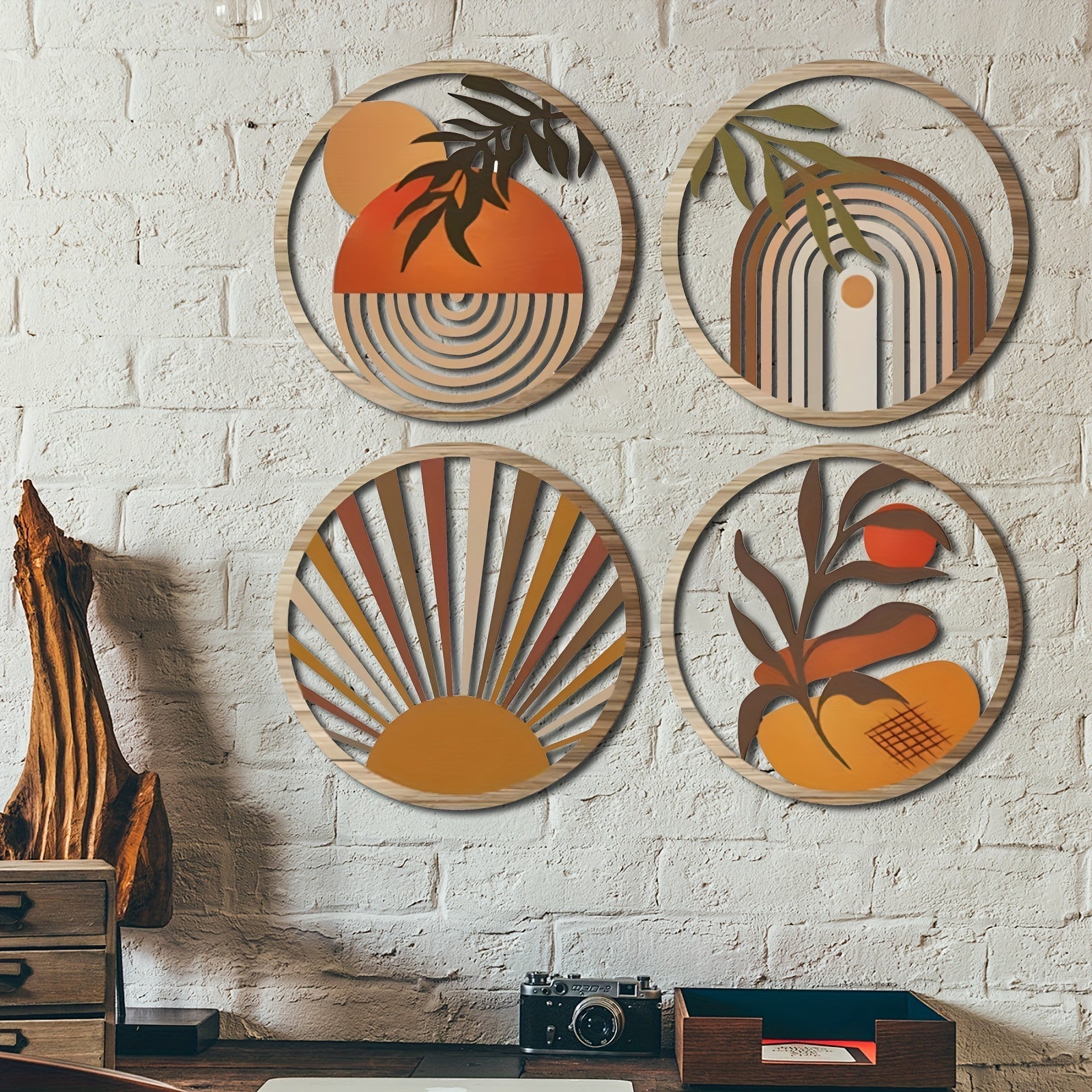 RuralAura Boho Holz-Wandkunst Set – Rustikale geschnitzte hängende Skulpturen