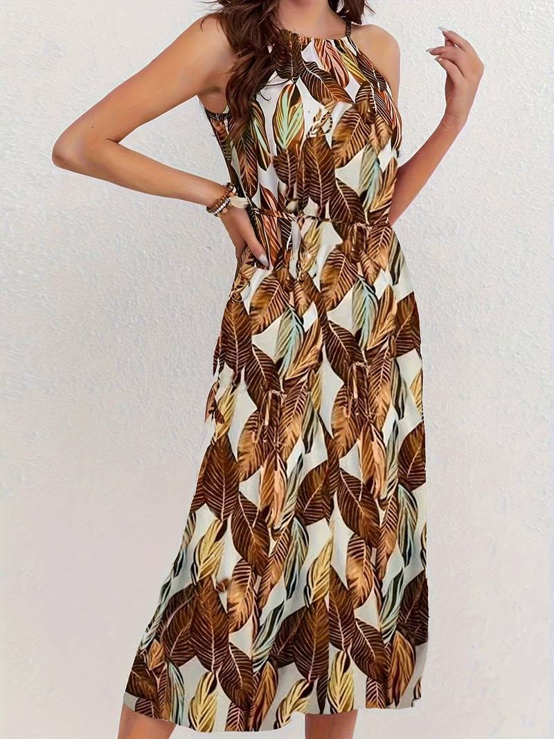 Esther - Vestido de playa con tirantes al cuello y estampado de hojas