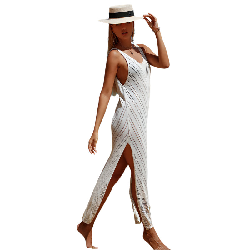 Tia - Hohe Schlitz ärmelloses Chevron Maxi Strandkleid