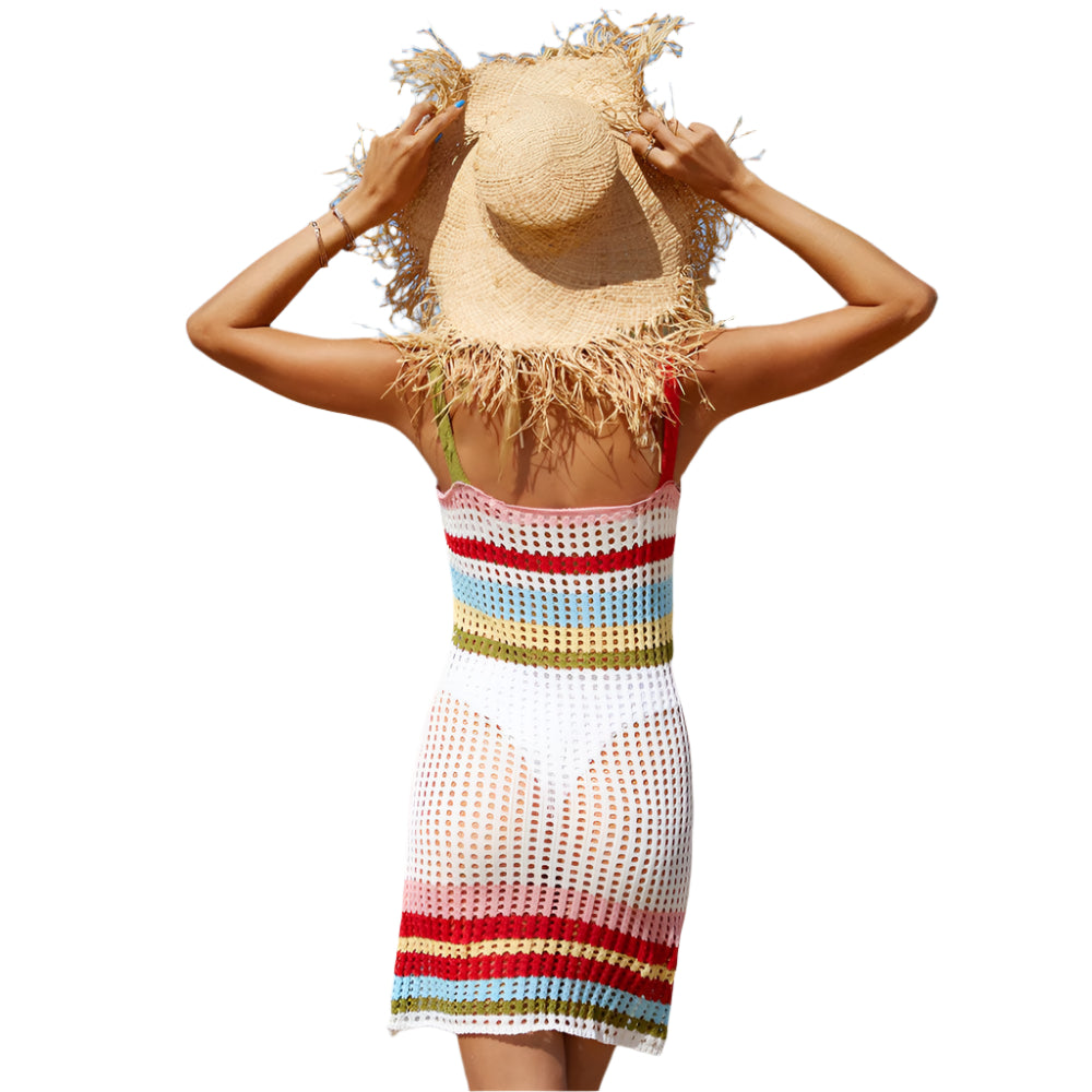 Evina - Regenbogenstreifen gehäkeltes Strand-Mini-Cover-up Kleid