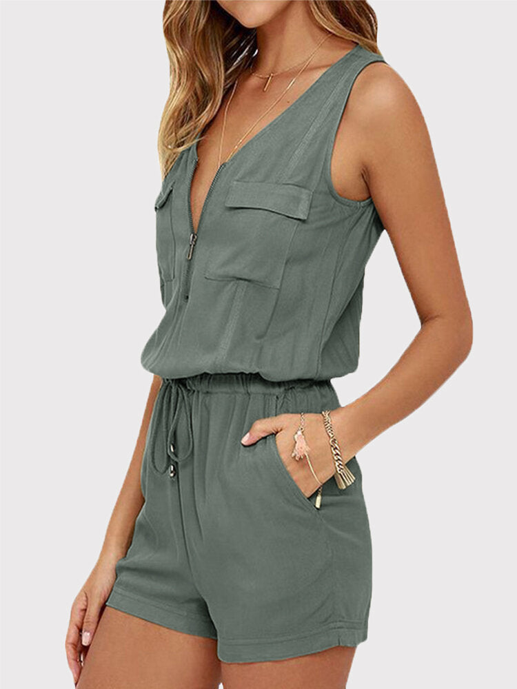 Rhian - Lässiges V-Ausschnitt ärmelloses Set mit Frontreißverschluss und elastischer Taille für draußen