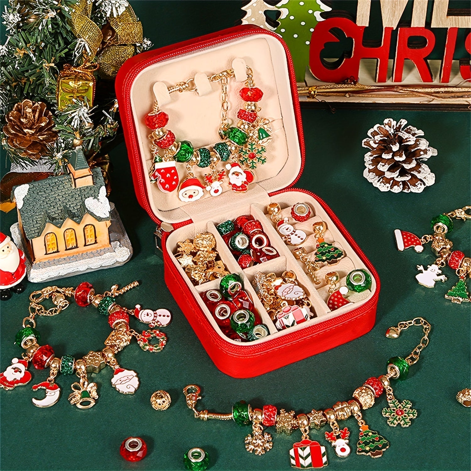 Weihnachts Charm Armband Bastelset, Elegante Rot-Grün Serie DIY Perlen