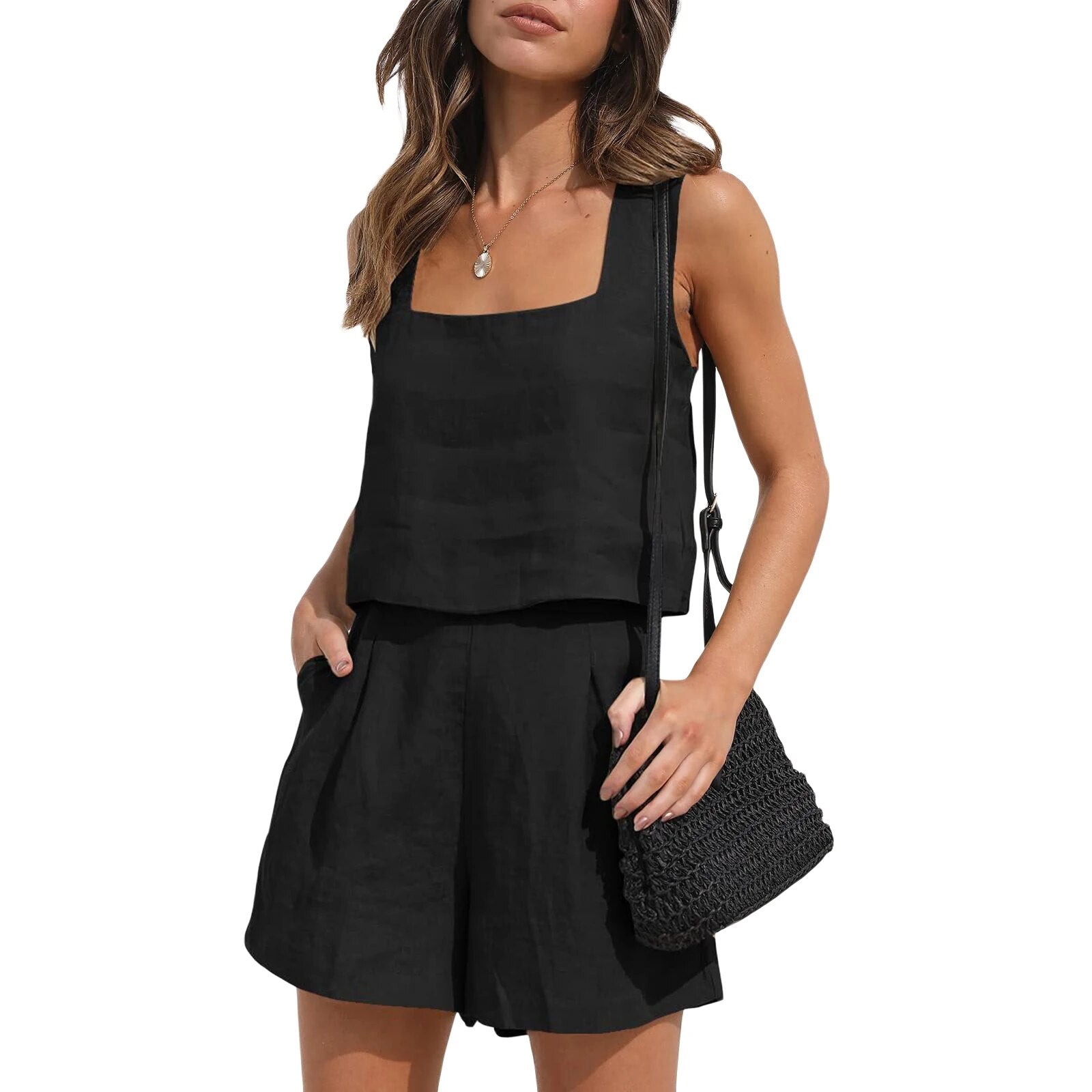 Mira – Elegantes To-teil Set mit Quadrat-Ausschnitt und Shorts mit Taschen