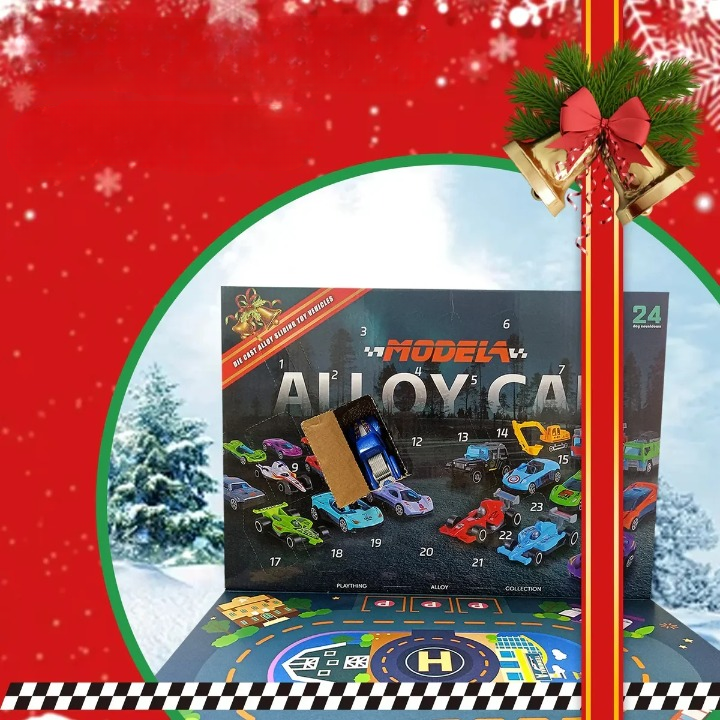 Julegavesæt med 24 dele, adventskalender, støbt bilsæt i legering