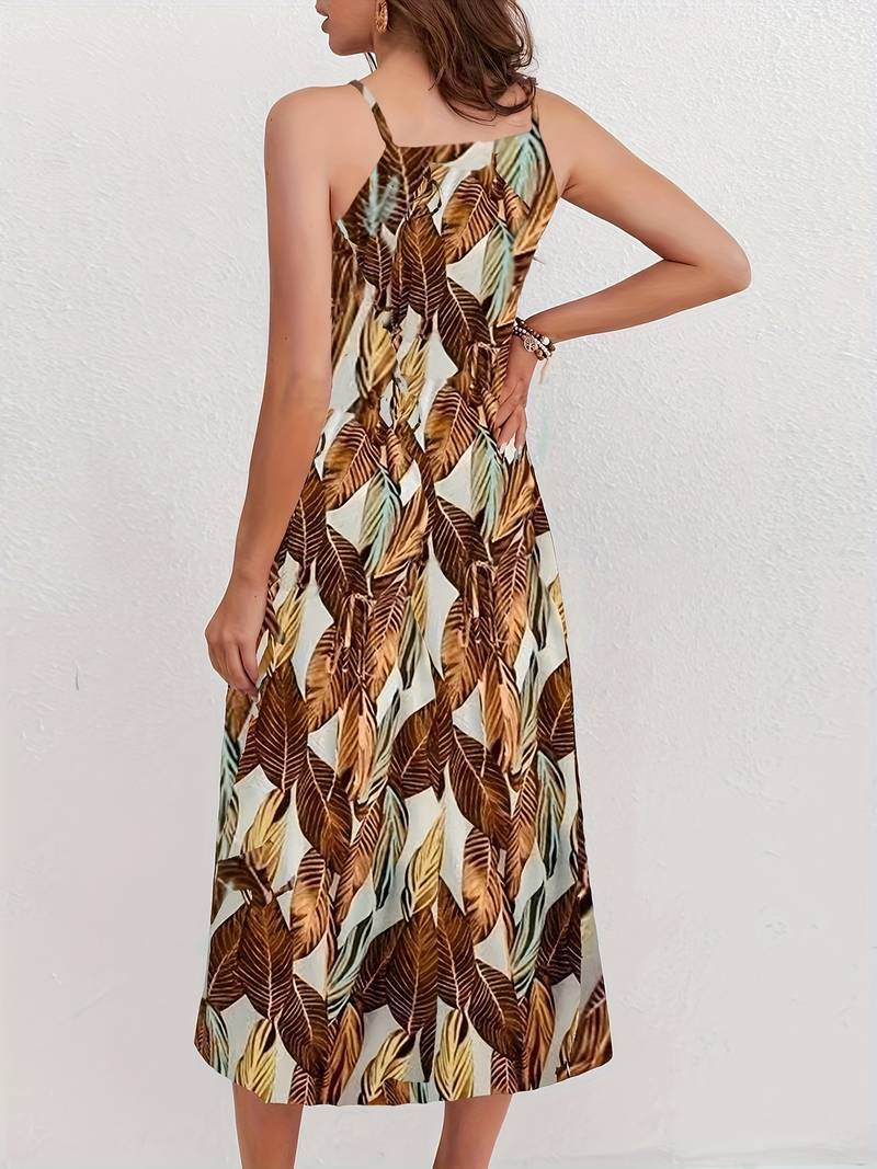Esther - Vestido de playa con tirantes al cuello y estampado de hojas