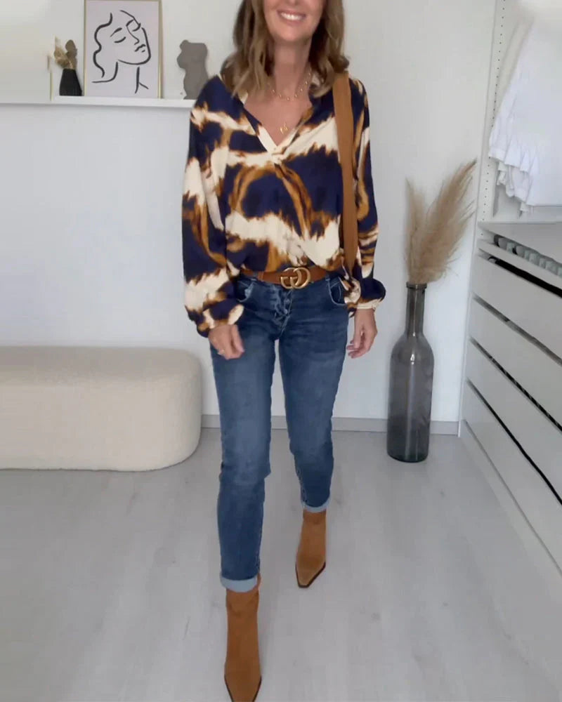 Elena Elegante blusa de mujer con escote en V y manga larga