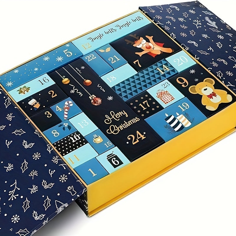 Gør-det-selv adventskalendersæt – 24 fyldbare papæsker med låg og et udvalg af tilbehør til gaveidéer og kreative aktiviteter.