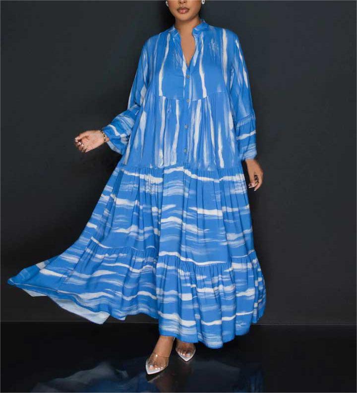 Lillian - Vestido Abaya estampado relajado con dobladillos largos con volantes