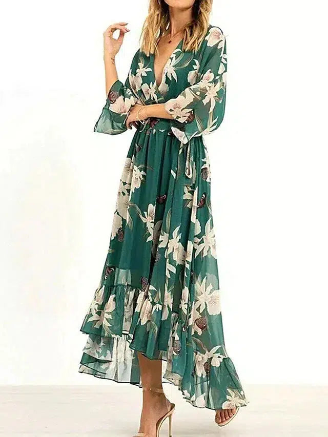 Astrid – Grüne 3/4-Ärmel und Maxikleid mit V-Ausschnitt