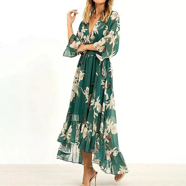 Astrid – Vestido maxi verde con mangas 3/4 y escote en V