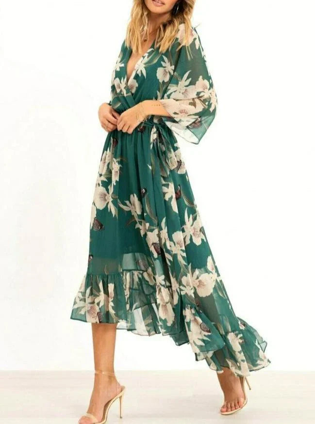 Astrid – Grüne 3/4-Ärmel und Maxikleid mit V-Ausschnitt