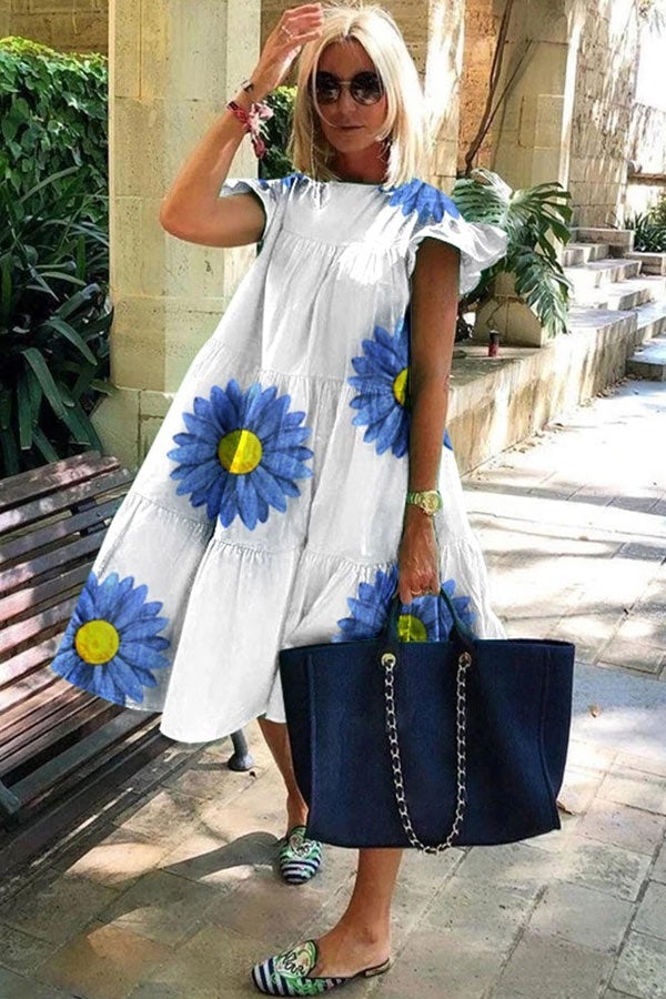 Brunhilde - Vestido corto con volantes y estampado floral de manga corta