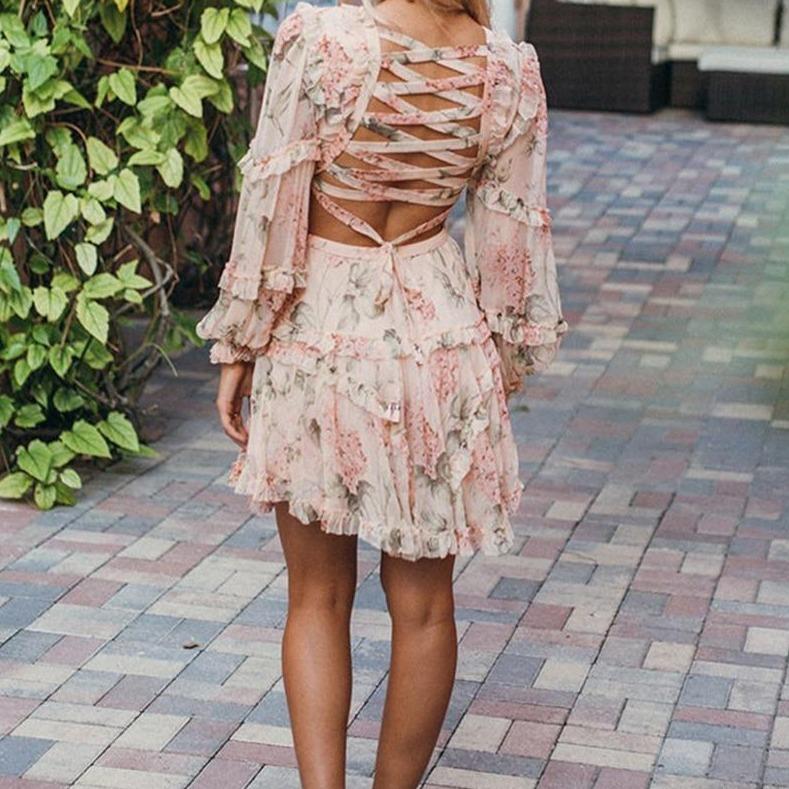 Aurora - Langärmliges V-Ausschnitt Kleid mit offener Taille für den Sommer