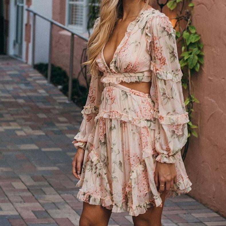 Aurora - Langärmliges V-Ausschnitt Kleid mit offener Taille für den Sommer