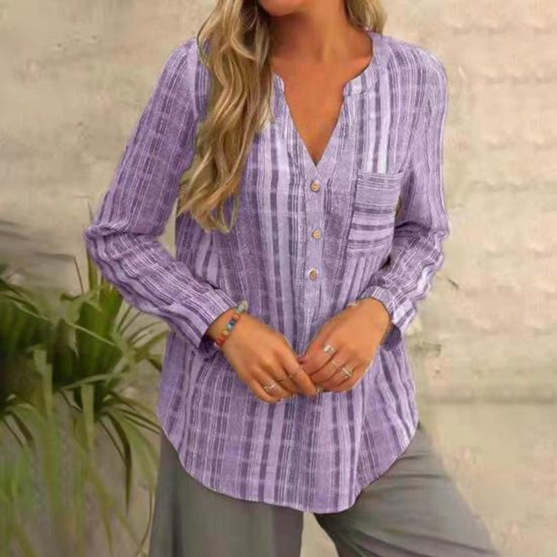Belinda - V-Ausschnitt gestreifte Sommerbluse mit langen Ärmeln