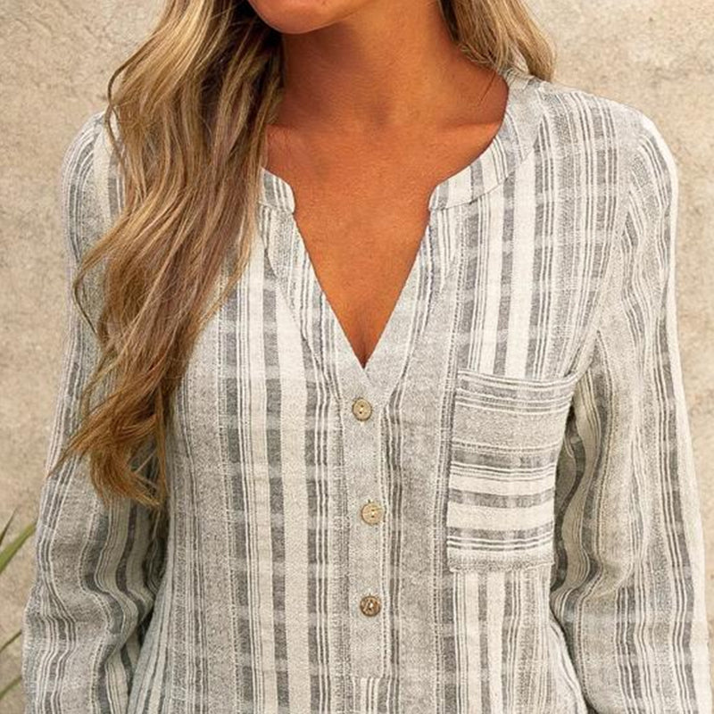 Belinda - V-Ausschnitt gestreifte Sommerbluse mit langen Ärmeln