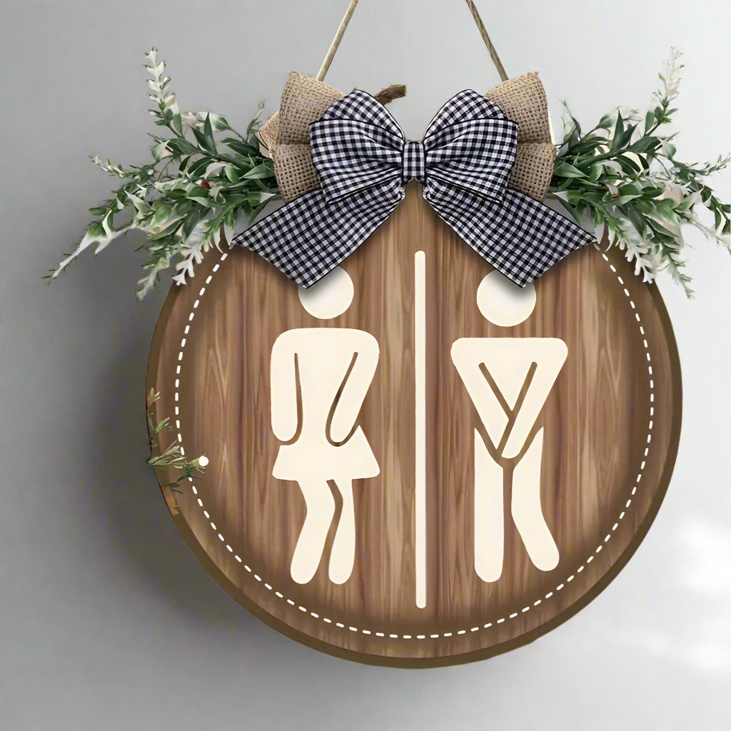 LooCharm – Rustikales Toilettenschild aus Holz mit Schleife, rund