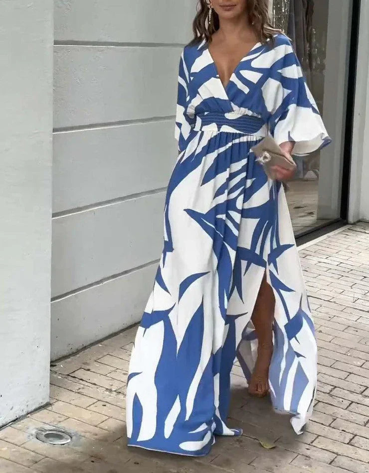 Emily – Maxikleid mit 3/4-Ärmeln und blauem Muster