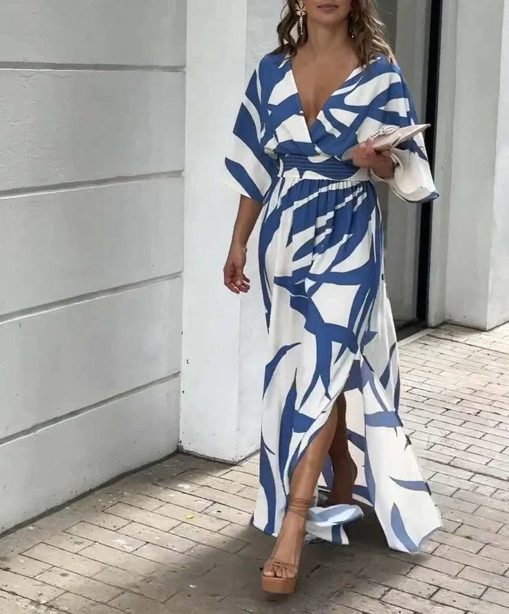 Emily – Maxikleid mit 3/4-Ärmeln und blauem Muster