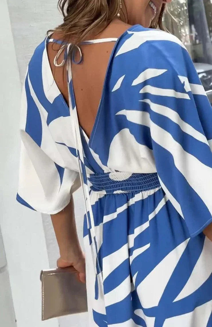 Emily – Maxikleid mit 3/4-Ärmeln und blauem Muster
