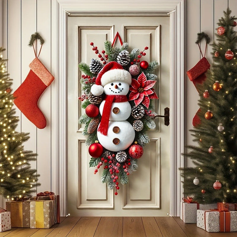 Couronne de bonhomme de neige en polyester festif – Décoration de porte de fête ludique