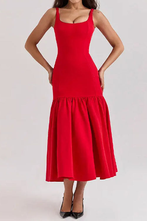 Sienna | U-Auschnitt ärmelloses Rüsche Bodycon Midi-Kleid