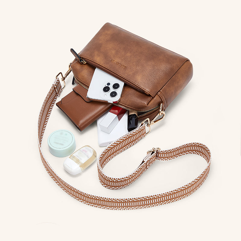 Luisa - Schultertasche mit dreifachem Reißverschluss und gestreitem Riemen