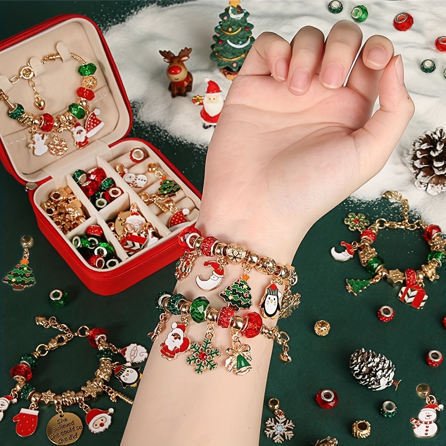Weihnachts Charm Armband Bastelset, Elegante Rot-Grün Serie DIY Perlen