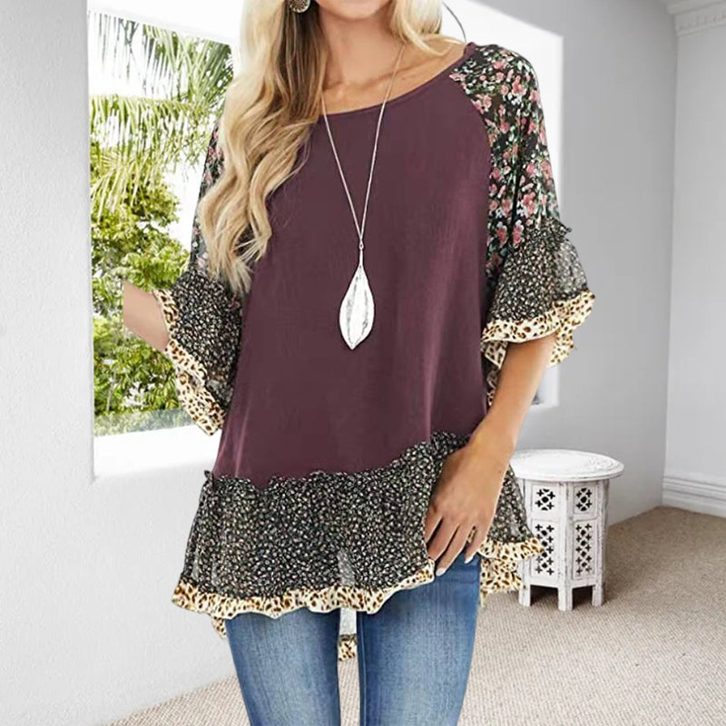 Clarissa - T-Shirt mit mittellangen Ärmeln, Colourblock Leopardenmuster auf Kurzärmeln