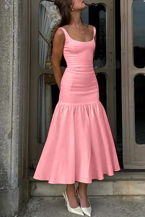 Sienna | U-Auschnitt ärmelloses Rüsche Bodycon Midi-Kleid